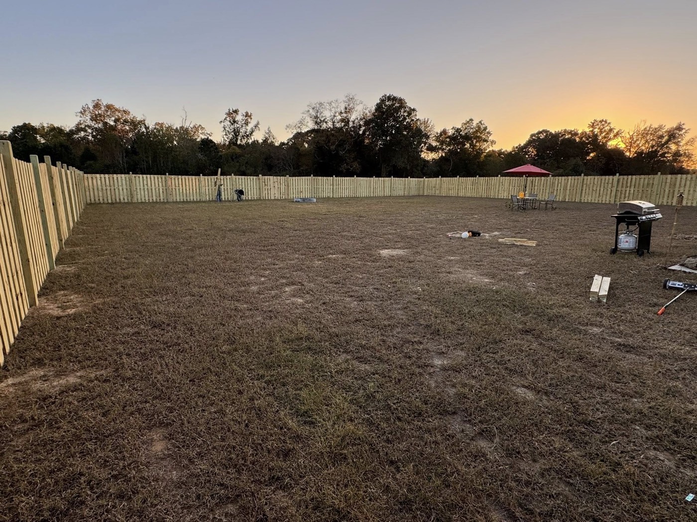 A newly fenced backyard at golden hour — DC Decking handles the wider construction work that shapes an outdoor space, not just the deck.